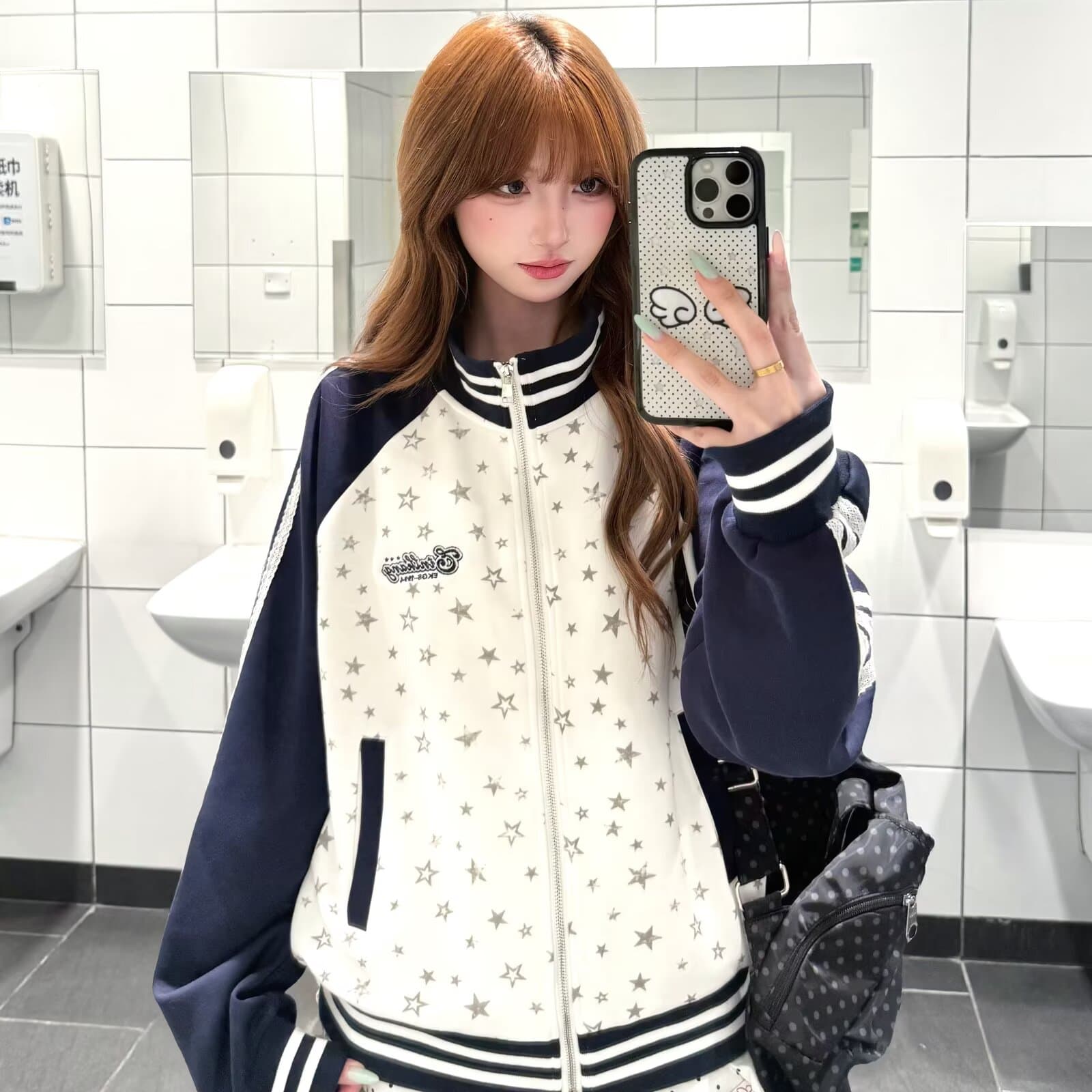 아메리칸 레트로 스트라이프 배색 삽입 어깨 소매 별 프린트 루즈핏 학원 스타일 스탠드 칼라 재킷 여성 코트