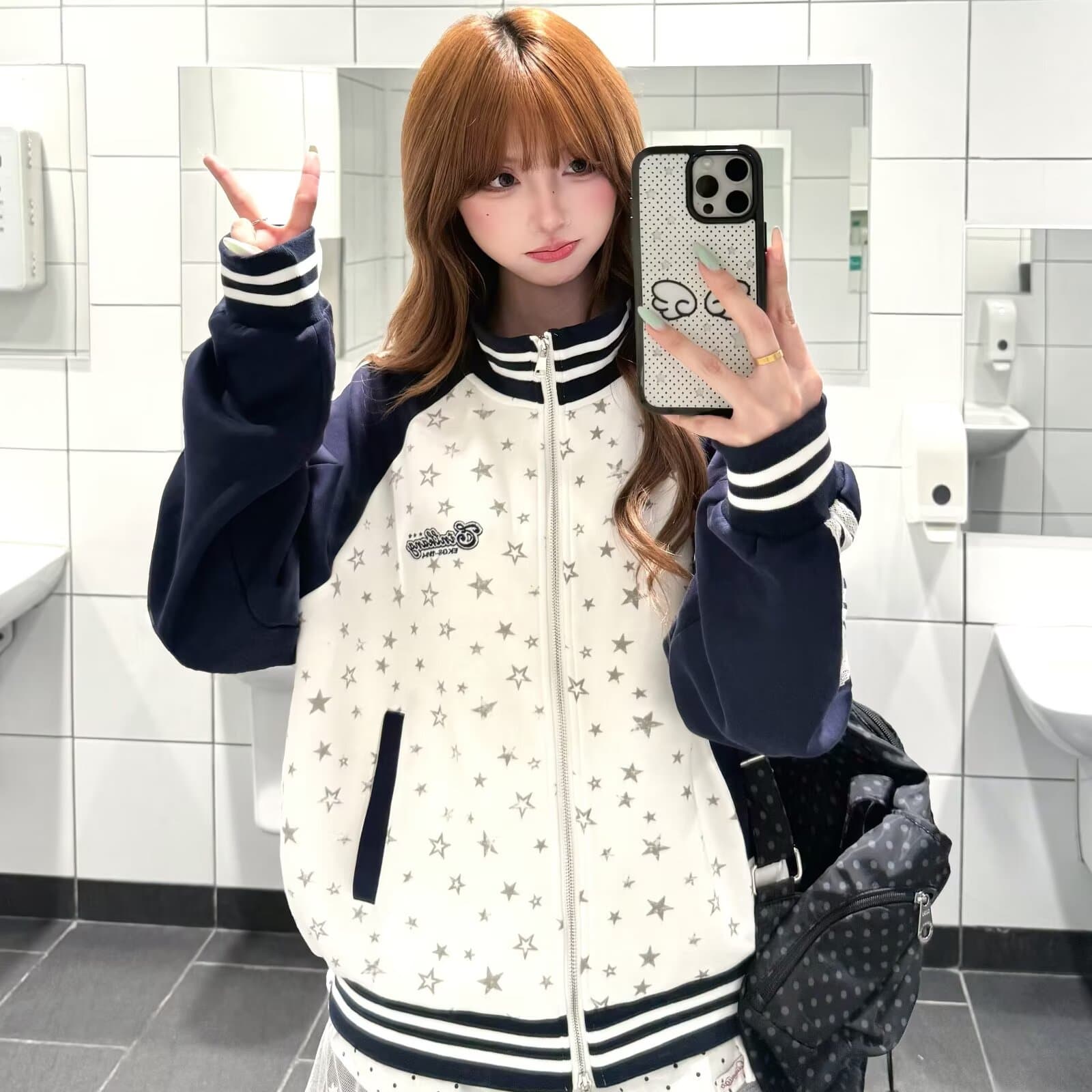 아메리칸 레트로 스트라이프 배색 삽입 어깨 소매 별 프린트 루즈핏 학원 스타일 스탠드 칼라 재킷 여성 코트 상세 이미지 10