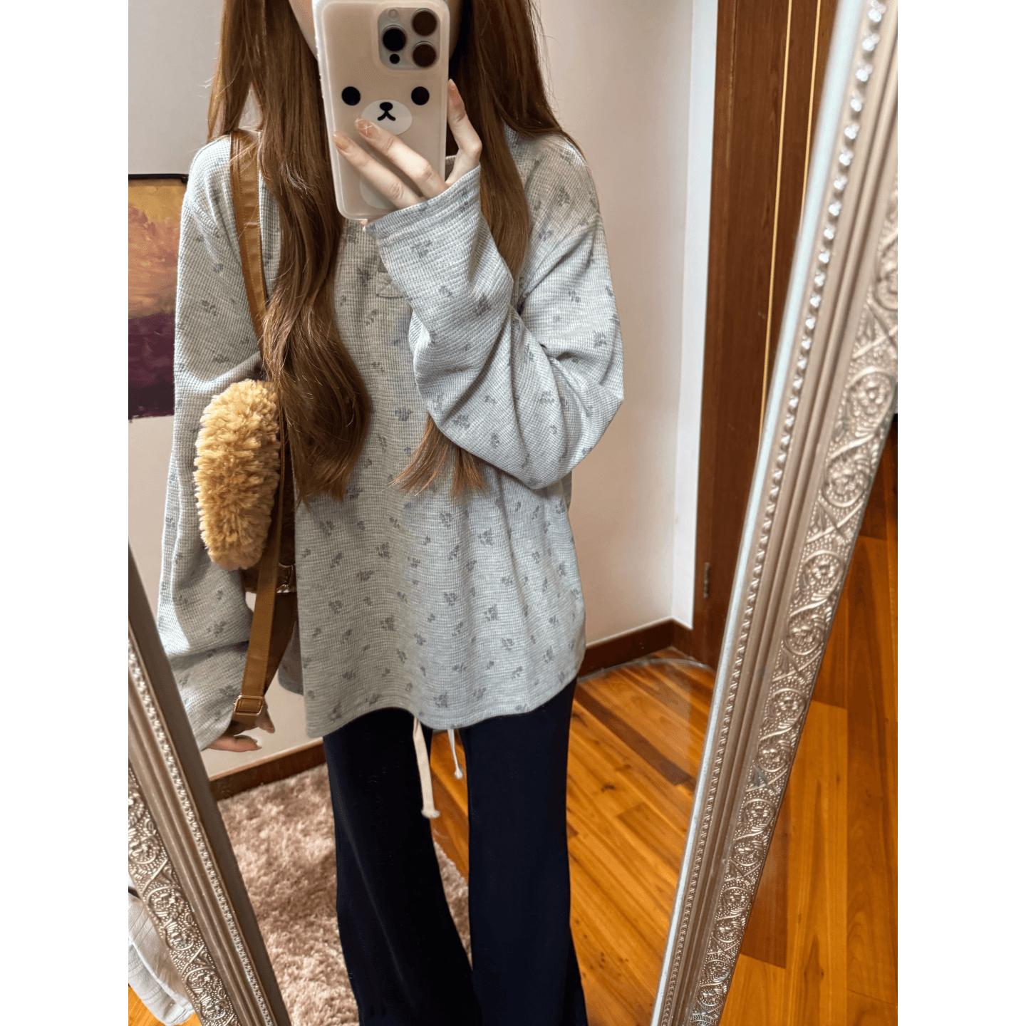 250그램 후아 남편 그리드 긴팔 티셔츠 캐주얼 루즈핏 라운드 넥 단추 반 개방 새로운 맨위 여성 이미지 5