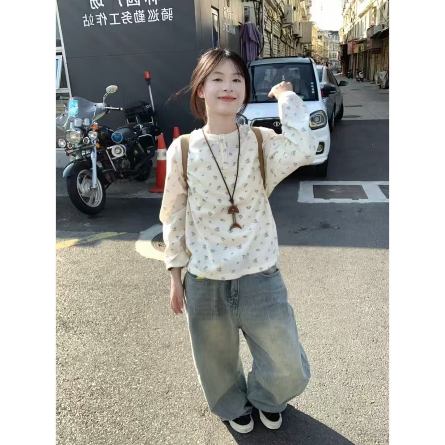 250그램 후아 남편 그리드 긴팔 티셔츠 캐주얼 루즈핏 라운드 넥 단추 반 개방 새로운 맨위 여성