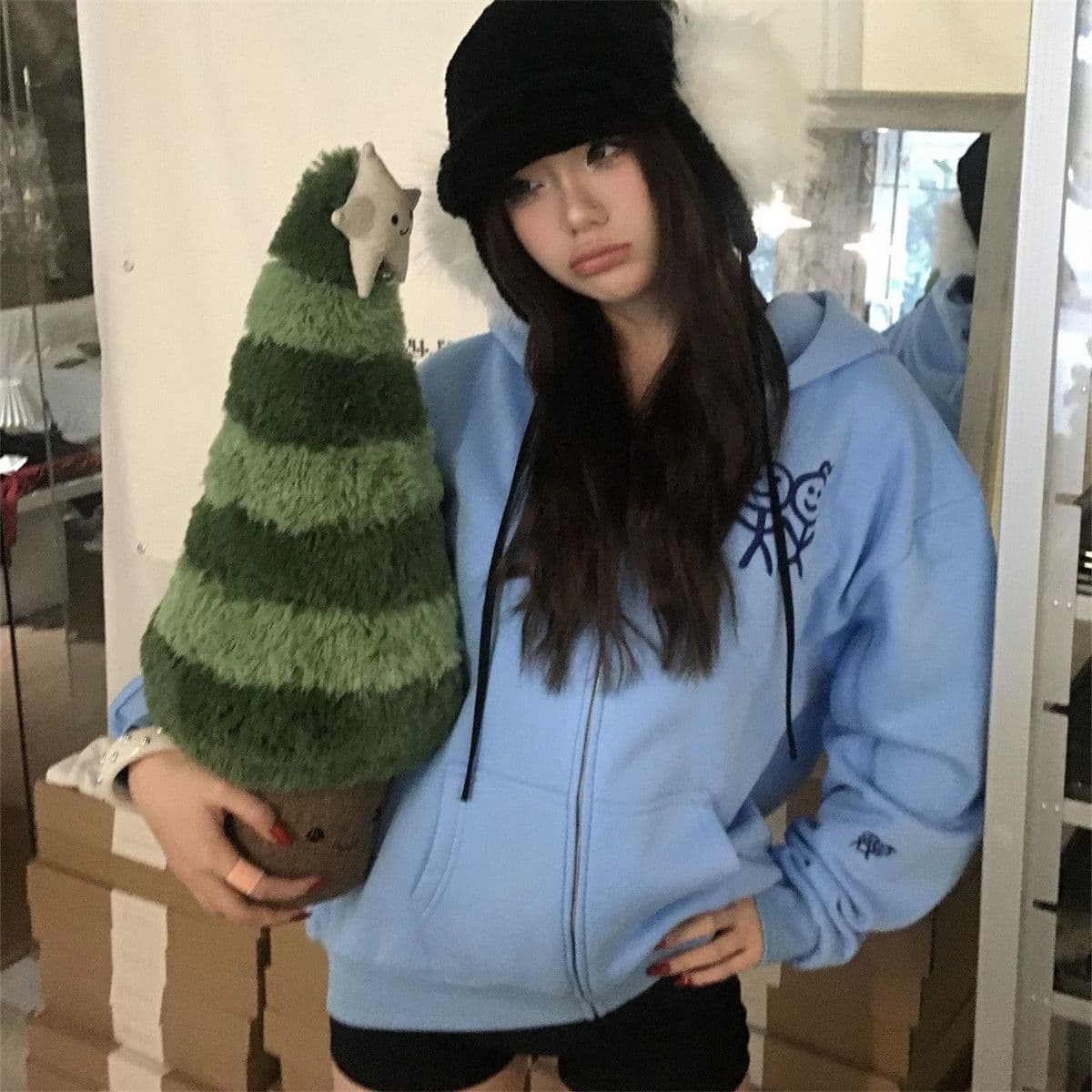 후아 면 복합 신선함 파란색 경기 사람들 가을 겨울 지퍼 후드 티 스웨터 재킷 달콤한 차가운 맨위 트렌디