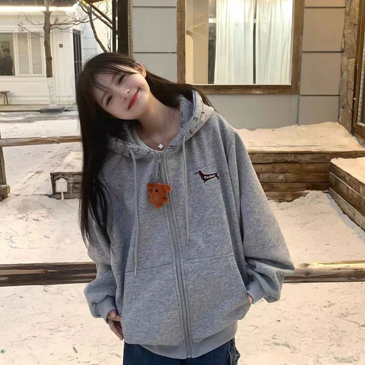 아메리칸 레트로 귀여운 닥스 훈트 후드 티 스웨터 여성 가을 겨울 새로운 달콤한 차가운 패션 다용도 루즈핏 카디건 코트 상세 이미지 4