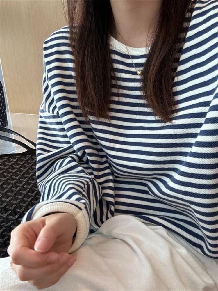한 부서 느긋한 느슨함 센스 맨위 여성 고급 가을 의상 마이크로 지방 스트라이프 인사이드 가져 가라. 긴팔 티셔츠 여성 이미지 2