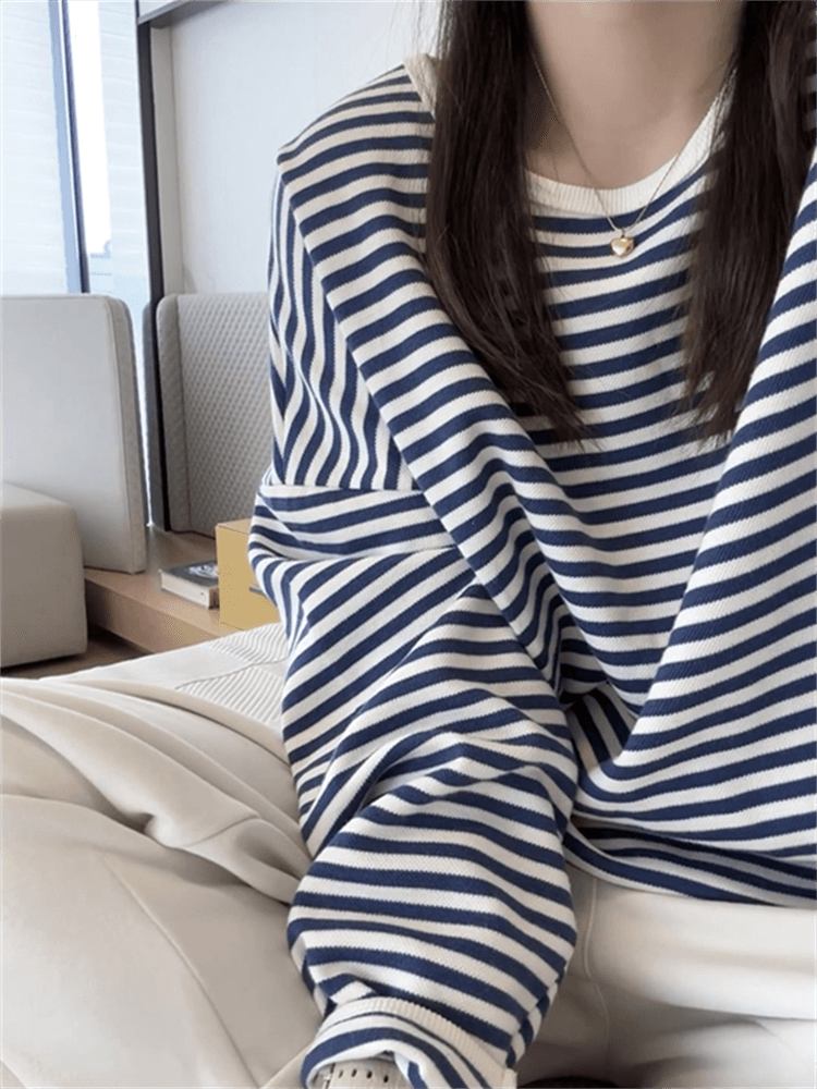 한 부서 느긋한 느슨함 센스 맨위 여성 고급 가을 의상 마이크로 지방 스트라이프 인사이드 가져 가라. 긴팔 티셔츠 여성 상세 이미지 5