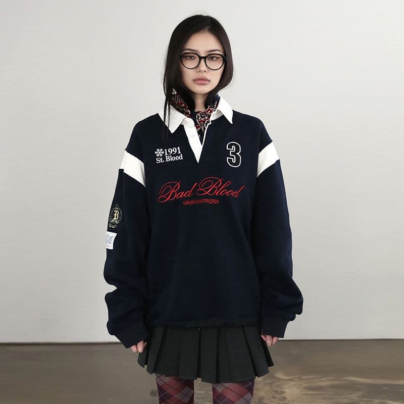 순수한 Mianhua 면 원본 솜씨 아메리칸 레트로 루즈핏 긴팔 패치워크 후드티 POLO 칼라 저지 커플 남녀 가을 상세 이미지 14