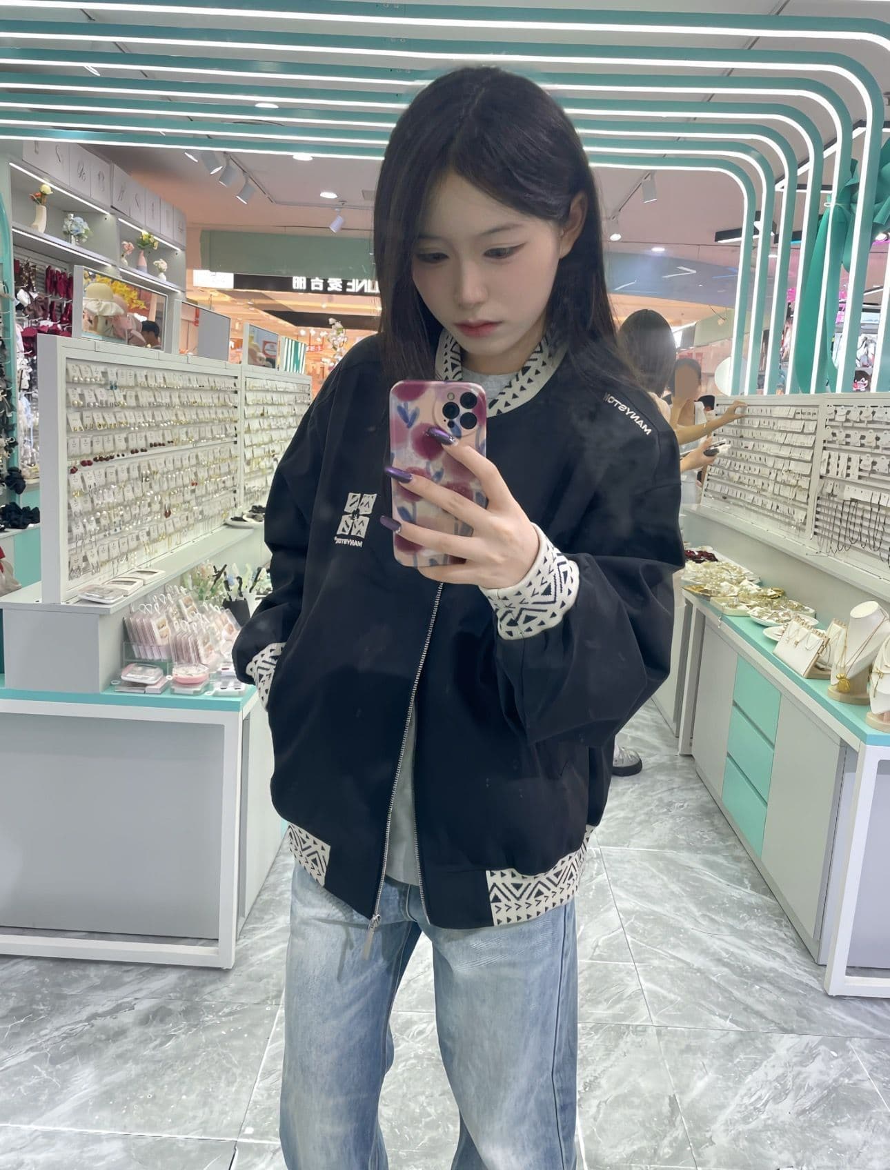 원본 컬러 짜임 리브 구두 자수 네리 Chic 루즈핏 야구 외투 이미지 3