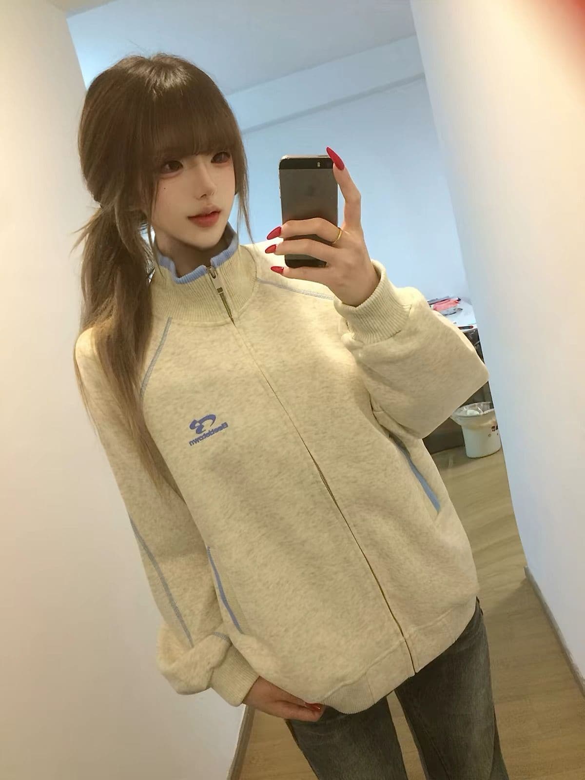 얇은 스타일 털이 있는 순수한 Mianhua 면 복합 자수 보안 버클 행침 카드 후드티 m-2xl 상세 이미지 3