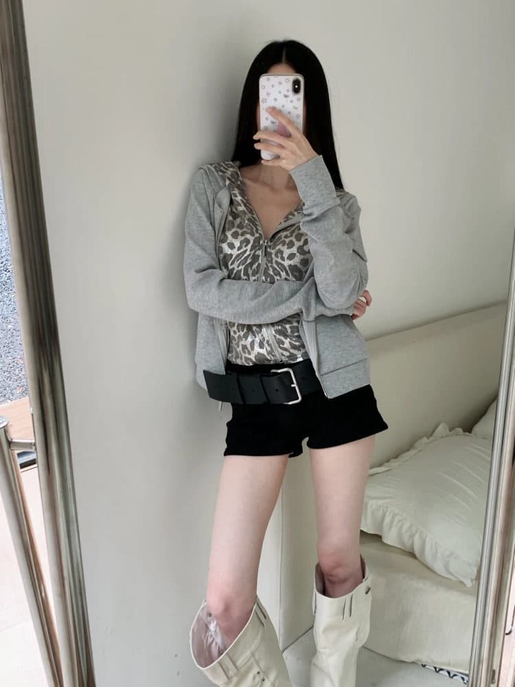 표범 纹银 제직 페이크 레이어드 이중층 은 제직 레오파드 무늬 네리 몸매 가꾸기 품격 후드티 후드 재킷 이미지 3