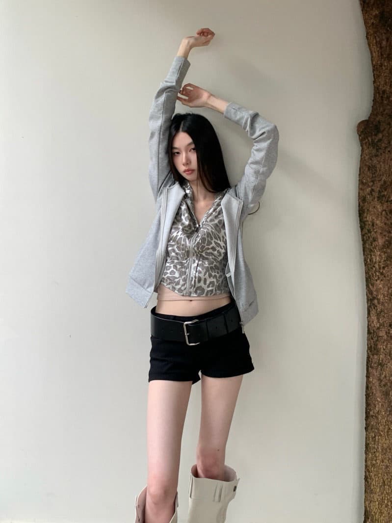 표범 纹银 제직 페이크 레이어드 이중층 은 제직 레오파드 무늬 네리 몸매 가꾸기 품격 후드티 후드 재킷 상세 이미지 2