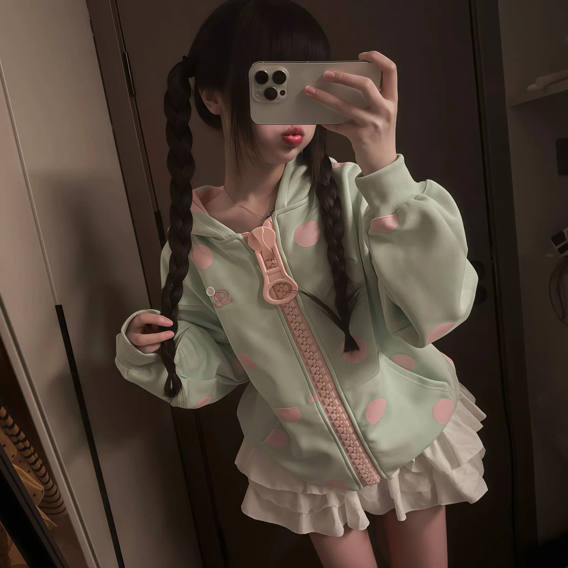 후아 면 복합 한 부서 도트 무늬 대 지퍼 가을 학생 루즈핏 재킷 후드 티 스웨터 소녀 이미지 2