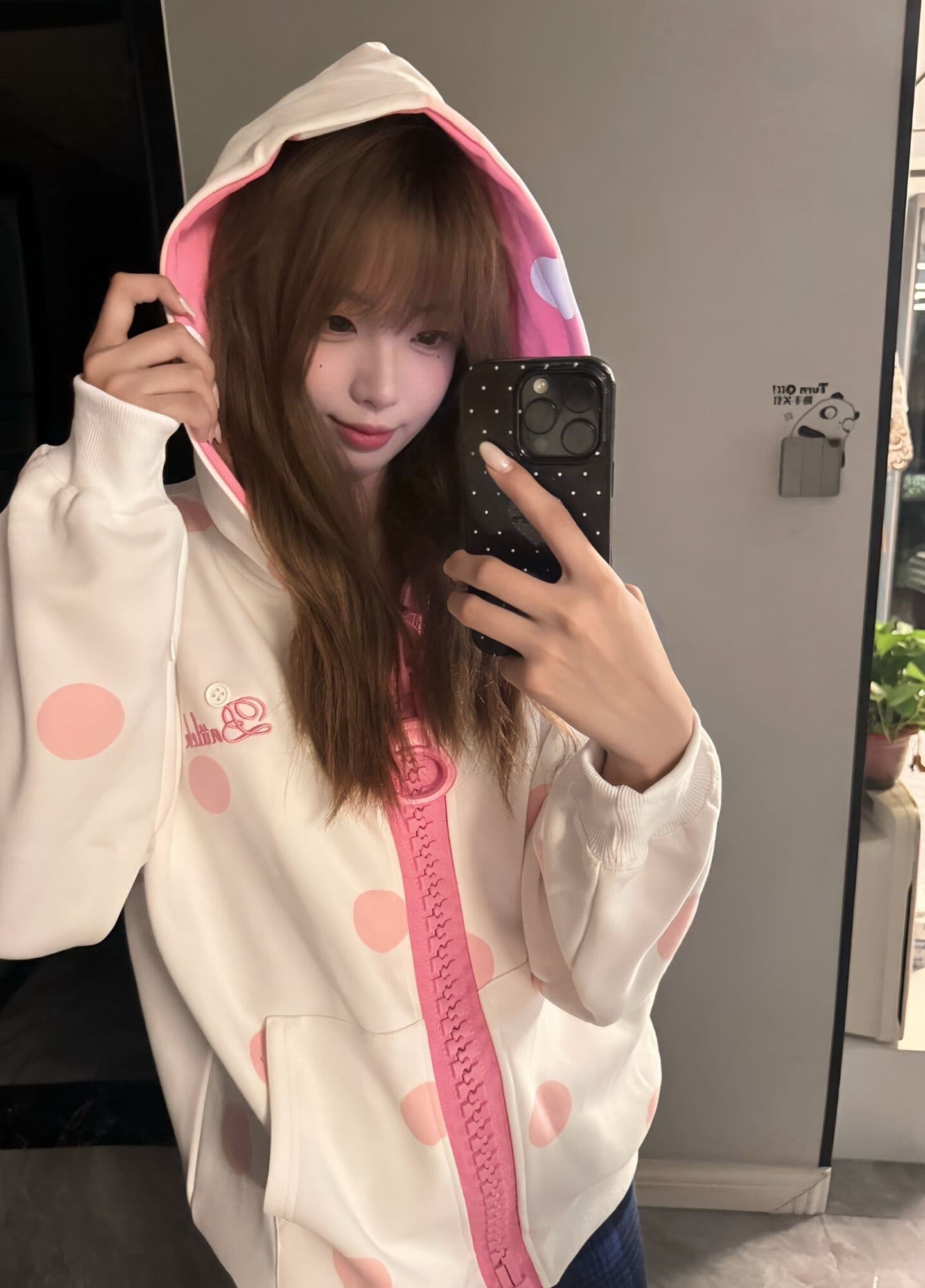 후아 면 복합 한 부서 도트 무늬 대 지퍼 가을 학생 루즈핏 재킷 후드 티 스웨터 소녀
