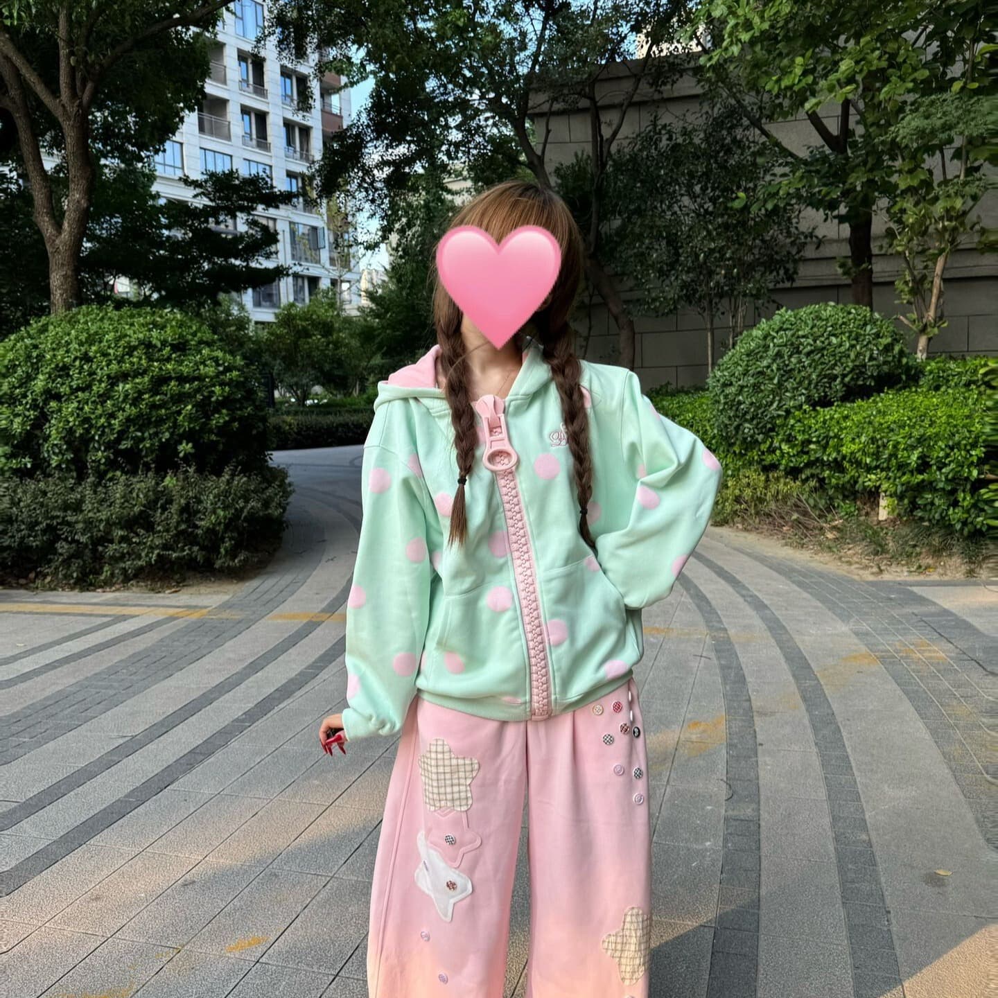 후아 면 복합 한 부서 도트 무늬 대 지퍼 가을 학생 루즈핏 재킷 후드 티 스웨터 소녀 이미지 5