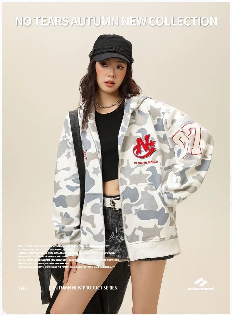아메리칸 항구 바람 트렌드 다용도 패치 카모플라주 후드티 재킷 커플 섹션 맨위 ins 트렌드 새로운 품격 여성 상세 이미지 2