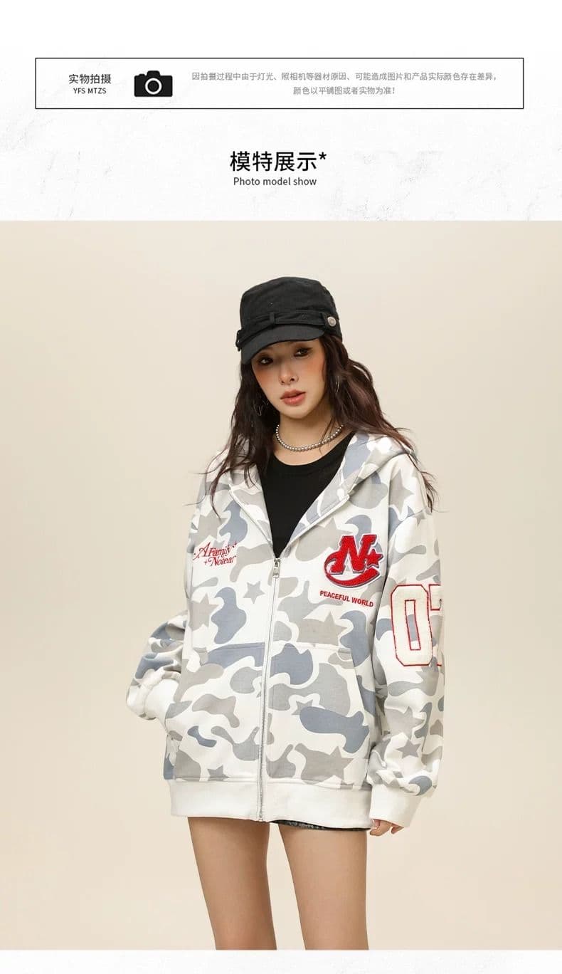 아메리칸 항구 바람 트렌드 다용도 패치 카모플라주 후드티 재킷 커플 섹션 맨위 ins 트렌드 새로운 품격 여성 상세 이미지 5