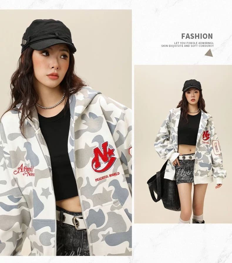 아메리칸 항구 바람 트렌드 다용도 패치 카모플라주 후드티 재킷 커플 섹션 맨위 ins 트렌드 새로운 품격 여성 상세 이미지 7