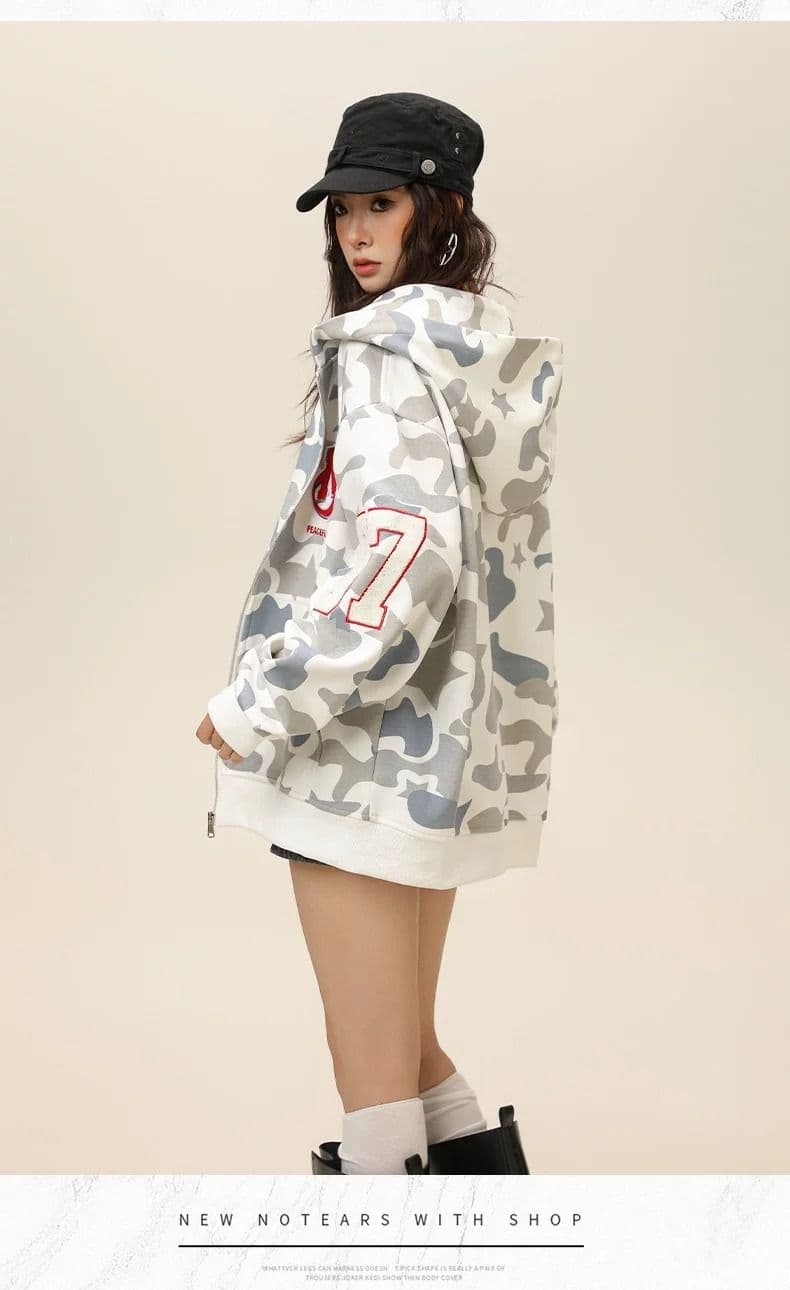 아메리칸 항구 바람 트렌드 다용도 패치 카모플라주 후드티 재킷 커플 섹션 맨위 ins 트렌드 새로운 품격 여성 상세 이미지 8