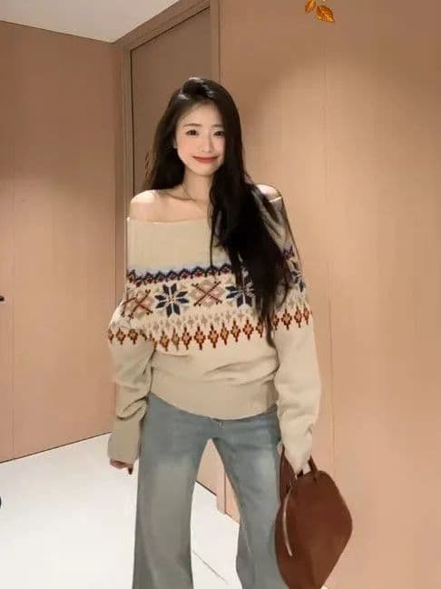 아메리칸 공정한 섬 fitcheck 자카드 루즈핏 니트 스웨터 스웨터 남녀 가을 겨울철 디자인 센스 맨위 긴팔 이미지 3