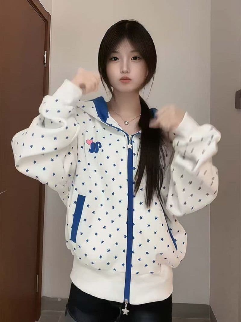 한 부서 레트로 전체 인쇄 별 마술 막대기 배색 후드 티 스웨터 여성 달콤함 소녀 바람 오픈 가디건 다용도 재킷 트렌디 이미지 2