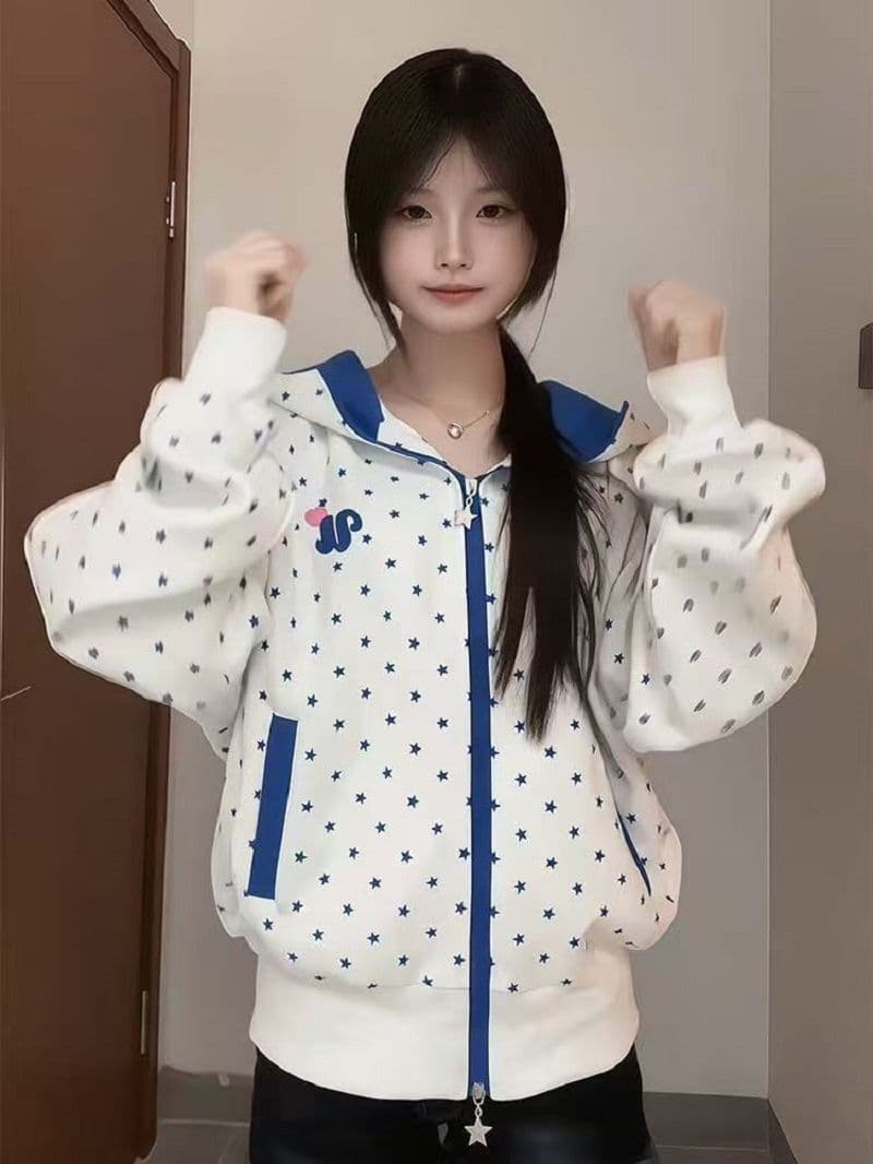 한 부서 레트로 전체 인쇄 별 마술 막대기 배색 후드 티 스웨터 여성 달콤함 소녀 바람 오픈 가디건 다용도 재킷 트렌디 이미지 4