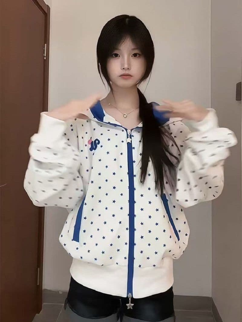 한 부서 레트로 전체 인쇄 별 마술 막대기 배색 후드 티 스웨터 여성 달콤함 소녀 바람 오픈 가디건 다용도 재킷 트렌디 상세 이미지 2
