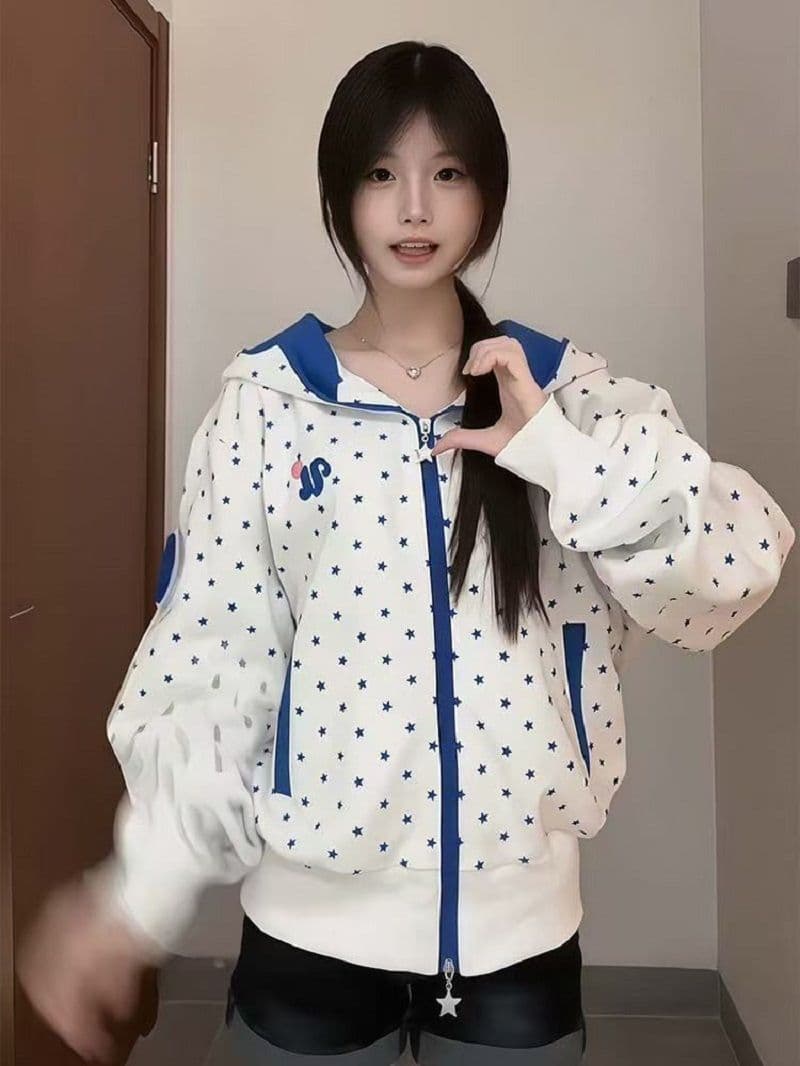 한 부서 레트로 전체 인쇄 별 마술 막대기 배색 후드 티 스웨터 여성 달콤함 소녀 바람 오픈 가디건 다용도 재킷 트렌디 상세 이미지 3