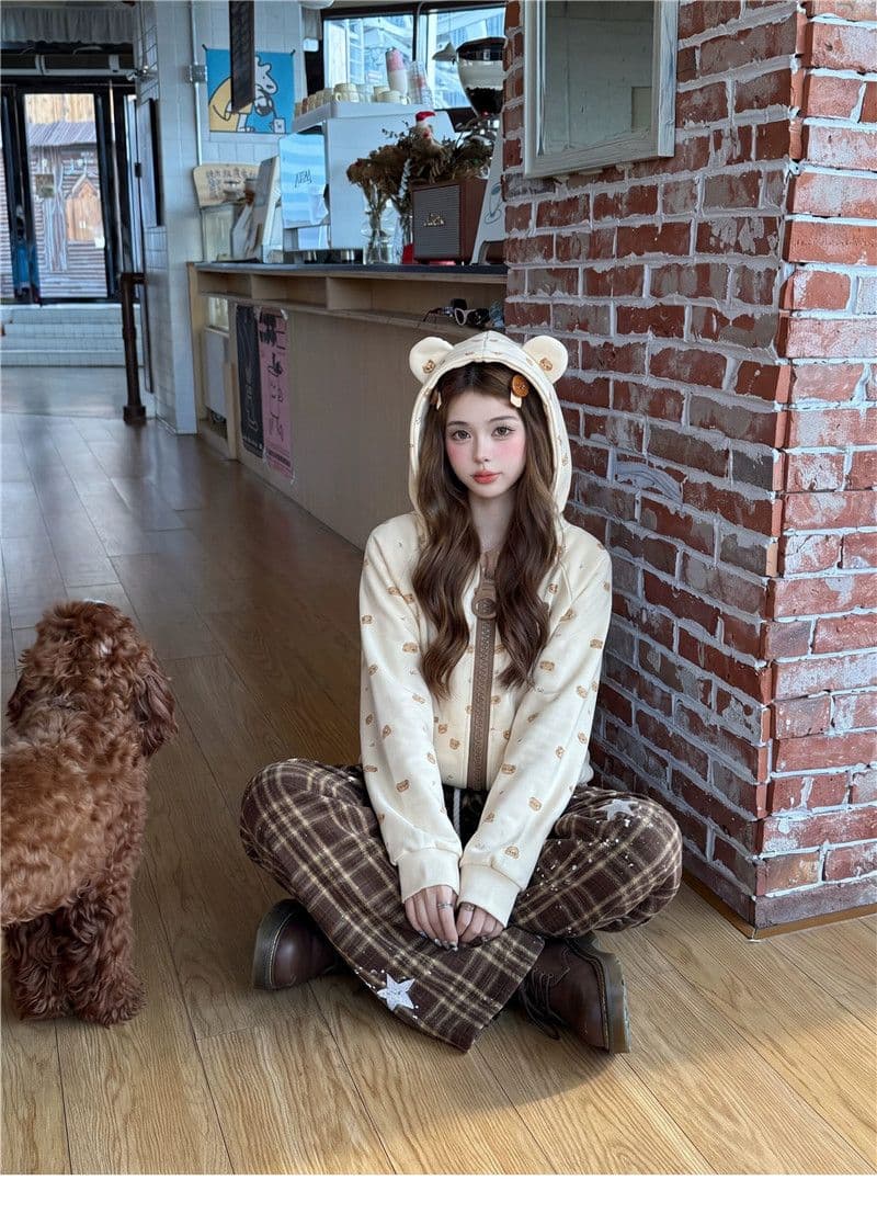 후아 면 복합 아메리칸 만화 작은 곰 알파벳 살구 색상 지퍼 오픈 가디건 후드티 여성 가을 재킷 상세 이미지 2