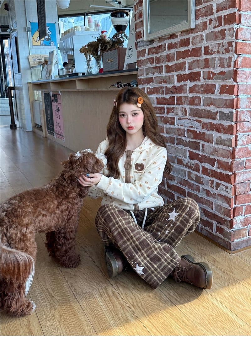 후아 면 복합 아메리칸 만화 작은 곰 알파벳 살구 색상 지퍼 오픈 가디건 후드티 여성 가을 재킷 상세 이미지 3
