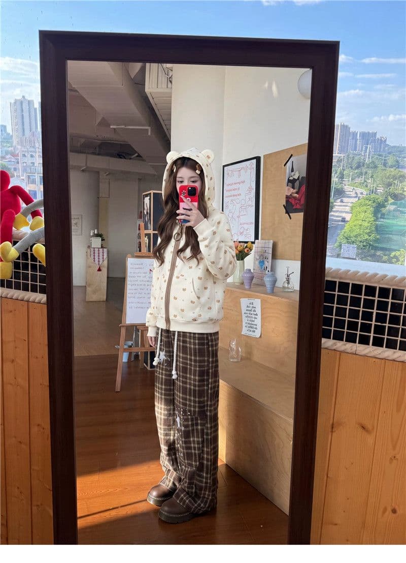 후아 면 복합 아메리칸 만화 작은 곰 알파벳 살구 색상 지퍼 오픈 가디건 후드티 여성 가을 재킷 상세 이미지 4