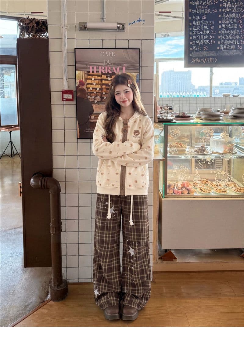 후아 면 복합 아메리칸 만화 작은 곰 알파벳 살구 색상 지퍼 오픈 가디건 후드티 여성 가을 재킷 상세 이미지 5