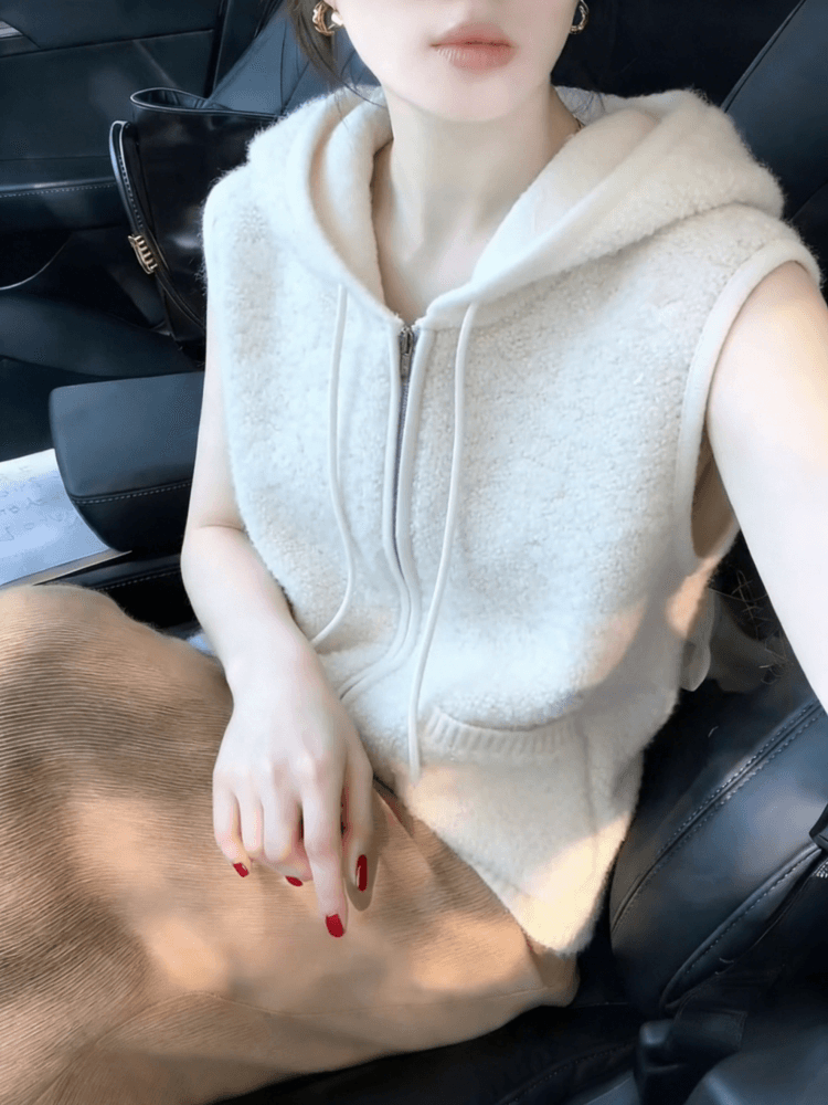 원본 좋은 품질 스웨터 디자인 센스 캐주얼 후드 니트 베스트 품격 루즈핏 어깨 민소매 맨위 재킷 상세 이미지 9