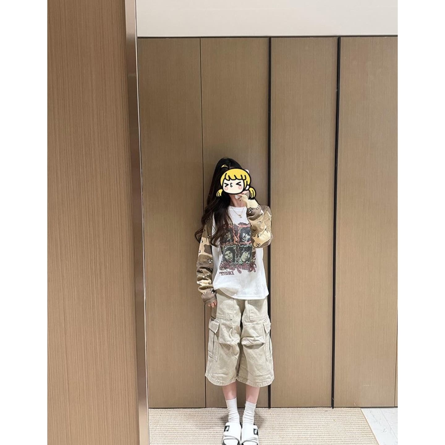 광저우 원단 후아 남편 그리드 디지털 직분사 아메리칸 레트로 카모플라주 패치워크 긴팔 티셔츠 여성 이미지 2