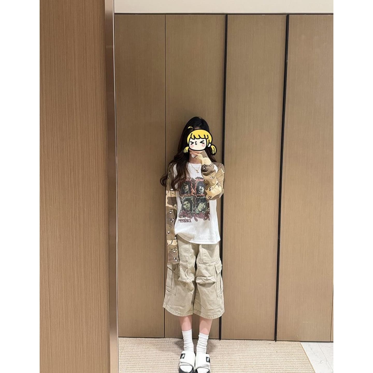 광저우 원단 후아 남편 그리드 디지털 직분사 아메리칸 레트로 카모플라주 패치워크 긴팔 티셔츠 여성 상세 이미지 5