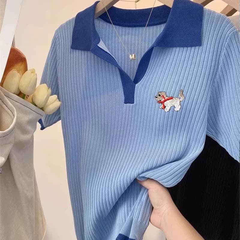 2026 여름 고유 한 슈퍼 잘 생긴 파란색 POLO 칼라 얼음 실크 니트 맨위 디자인 센스 자수 강아지 반팔 티셔츠 이미지 2