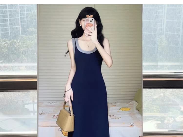 패치워크 색상 니트 민소매 조끼 원피스 새로운 디자인 센스 작은 대중 품격 레트로 u 칼라 슬립 무릎 아래 롱 스커트 상세 이미지 10