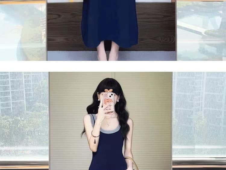 패치워크 색상 니트 민소매 조끼 원피스 새로운 디자인 센스 작은 대중 품격 레트로 u 칼라 슬립 무릎 아래 롱 스커트 상세 이미지 11