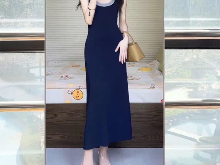 패치워크 색상 니트 민소매 조끼 원피스 새로운 디자인 센스 작은 대중 품격 레트로 u 칼라 슬립 무릎 아래 롱 스커트 상세 이미지 13