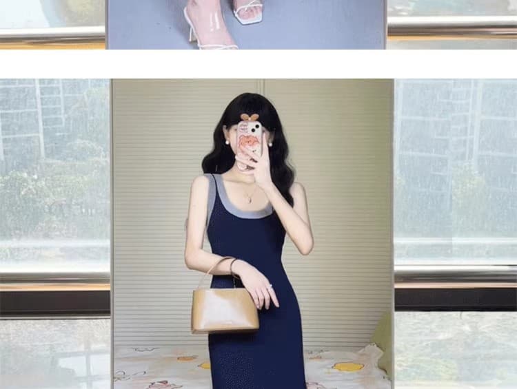 패치워크 색상 니트 민소매 조끼 원피스 새로운 디자인 센스 작은 대중 품격 레트로 u 칼라 슬립 무릎 아래 롱 스커트 상세 이미지 14