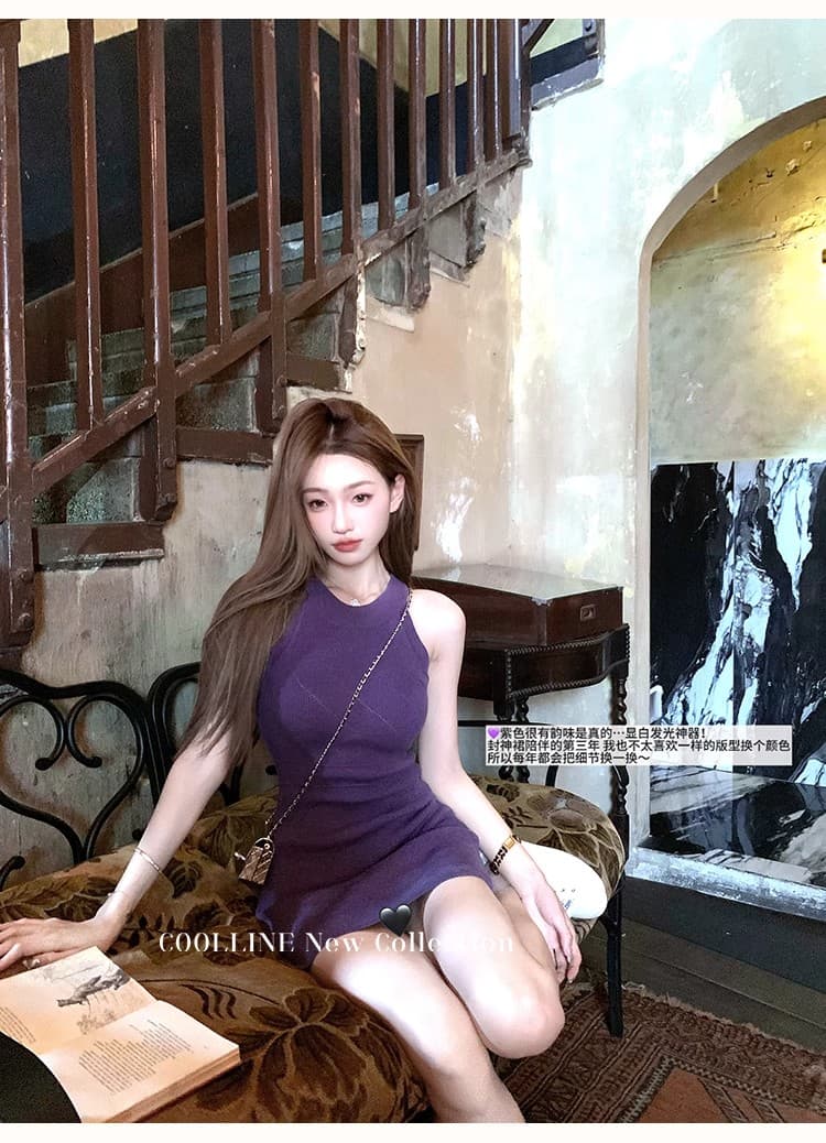 coolline 숲 희 디스플레이 화이트 절대적으로 절대적으로 보라색 드레스 쇼트 스타일 순수한 욕망 슬림해 보이는 민소매 타이트 스커트 니트 원피스 상세 이미지 11