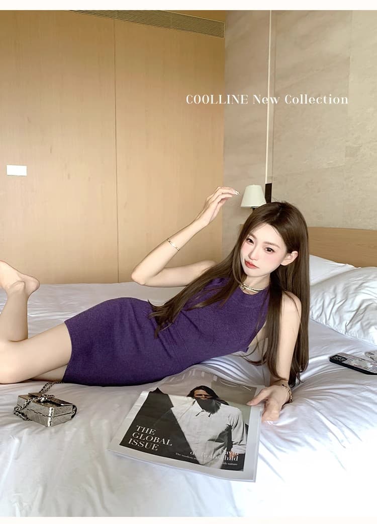 coolline 숲 희 디스플레이 화이트 절대적으로 절대적으로 보라색 드레스 쇼트 스타일 순수한 욕망 슬림해 보이는 민소매 타이트 스커트 니트 원피스 상세 이미지 12