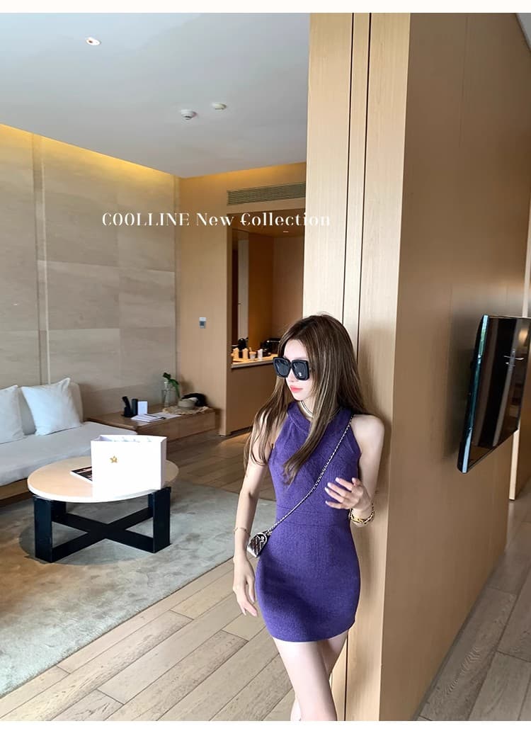 coolline 숲 희 디스플레이 화이트 절대적으로 절대적으로 보라색 드레스 쇼트 스타일 순수한 욕망 슬림해 보이는 민소매 타이트 스커트 니트 원피스 상세 이미지 13