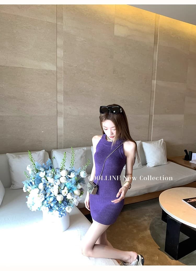 coolline 숲 희 디스플레이 화이트 절대적으로 절대적으로 보라색 드레스 쇼트 스타일 순수한 욕망 슬림해 보이는 민소매 타이트 스커트 니트 원피스 상세 이미지 17