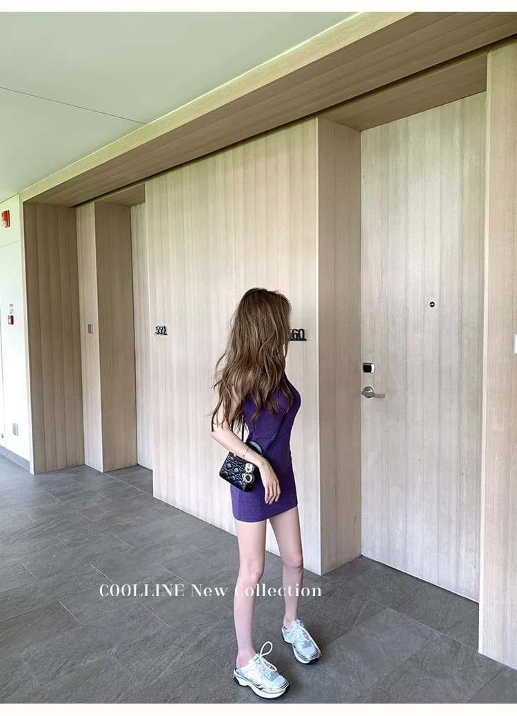 coolline 숲 희 디스플레이 화이트 절대적으로 절대적으로 보라색 드레스 쇼트 스타일 순수한 욕망 슬림해 보이는 민소매 타이트 스커트 니트 원피스 상세 이미지 25