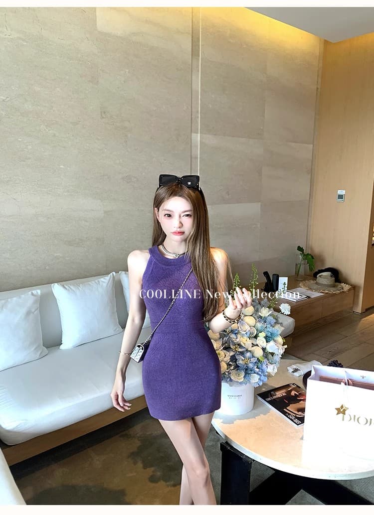 coolline 숲 희 디스플레이 화이트 절대적으로 절대적으로 보라색 드레스 쇼트 스타일 순수한 욕망 슬림해 보이는 민소매 타이트 스커트 니트 원피스 상세 이미지 27