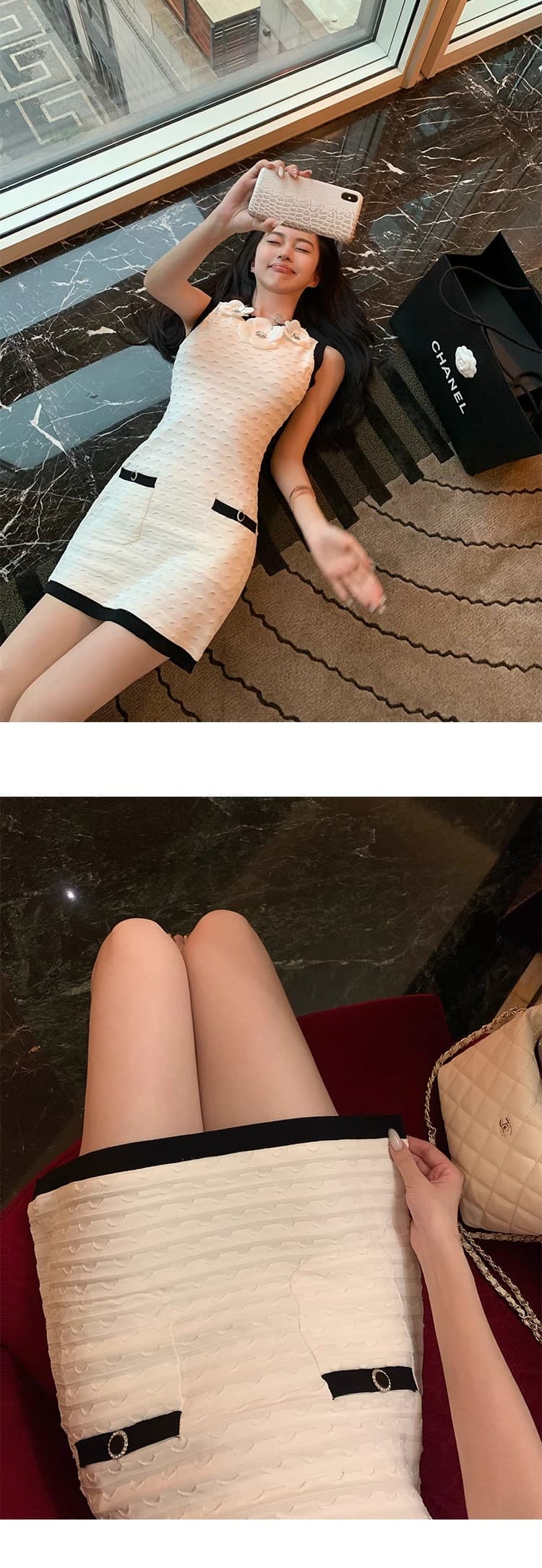 작은 샤넬 스타일 니트 여성 드레스 2026 여름 고급 센스 몸매 가꾸기 품격 조끼 스커트 민소매 치마 상세 이미지 15