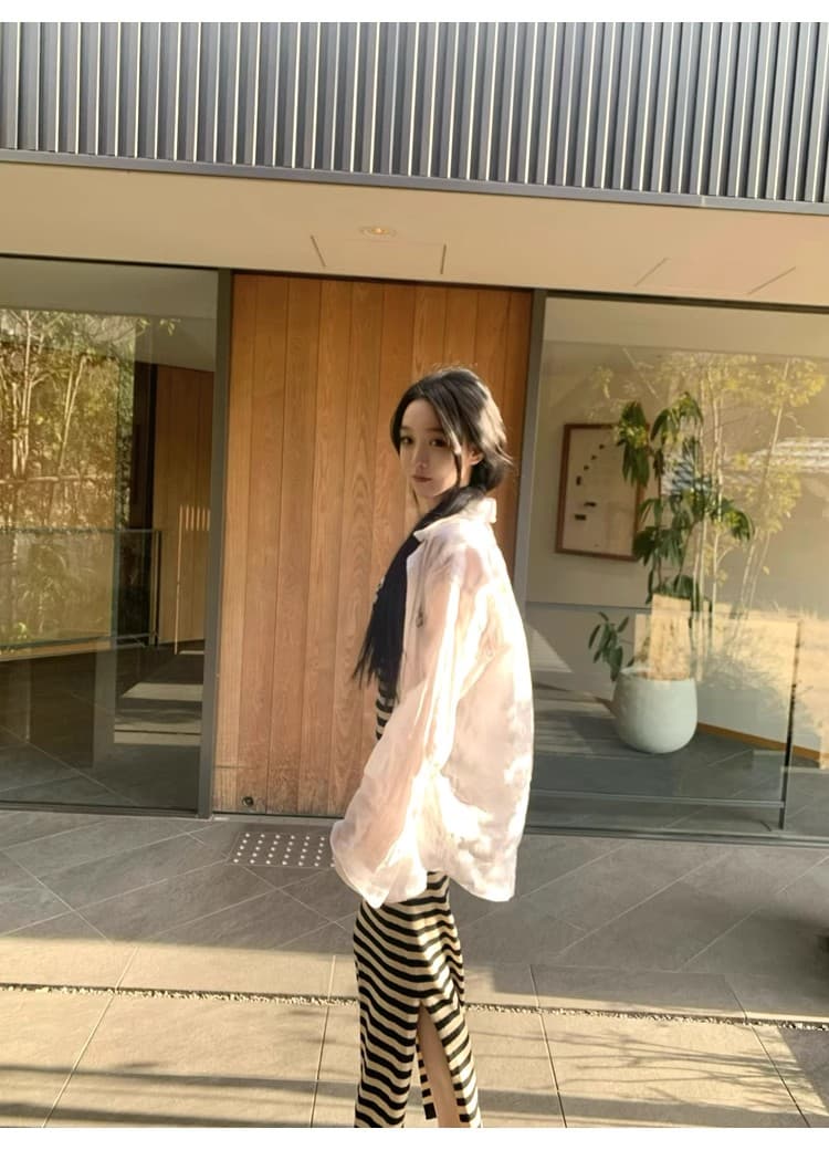 배색 스트라이프 V넥 슬립 여성 드레스 여름 품격 몸매 가꾸기 허리 수축 슬림해 보이는 해변가 휴가 니트 롱 스커트 상세 이미지 19