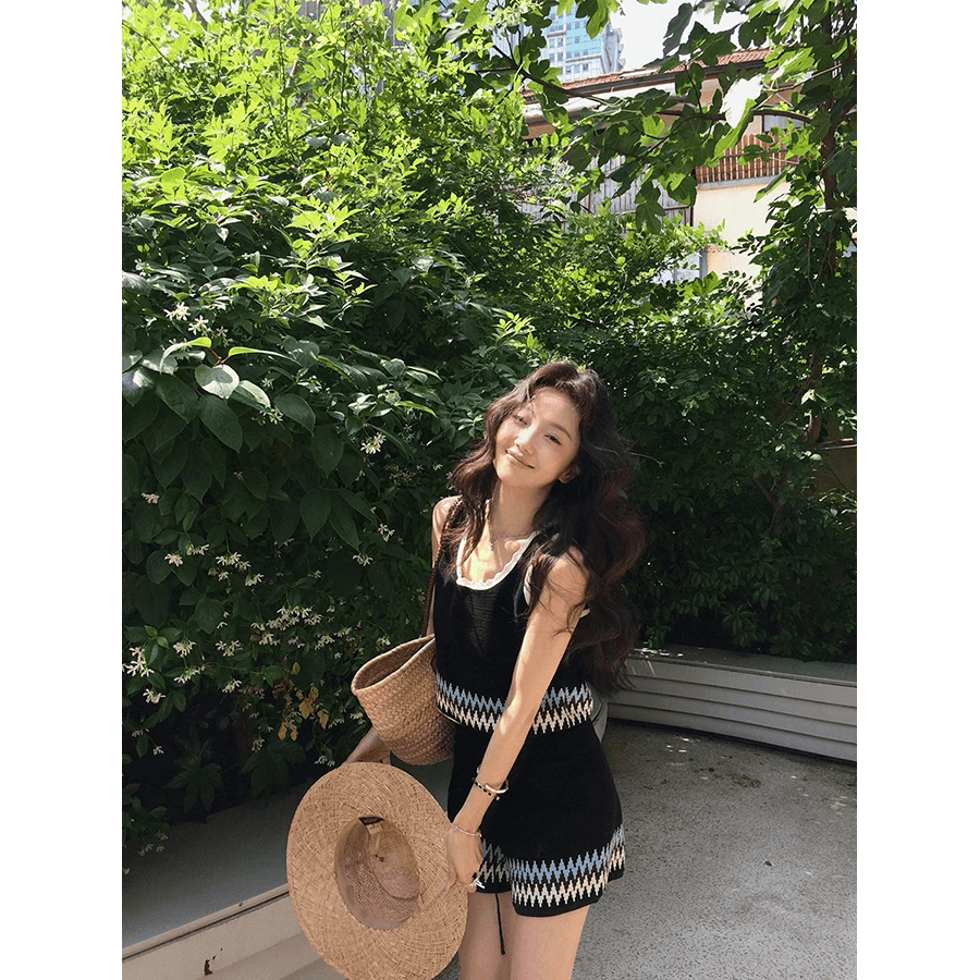 흔들어서 톤 폭발 장 베이 베이 루 발 무지개 배색 자카드 니트 조끼 반바지 상세 이미지 1