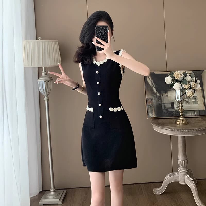 고급 센스 프랑스식 명문 여성 작은 샤넬 스타일 품격 여성 드레스 여름 허리 수축 슬림해 보이는 민소매 니트 검정색 치마 이미지 4