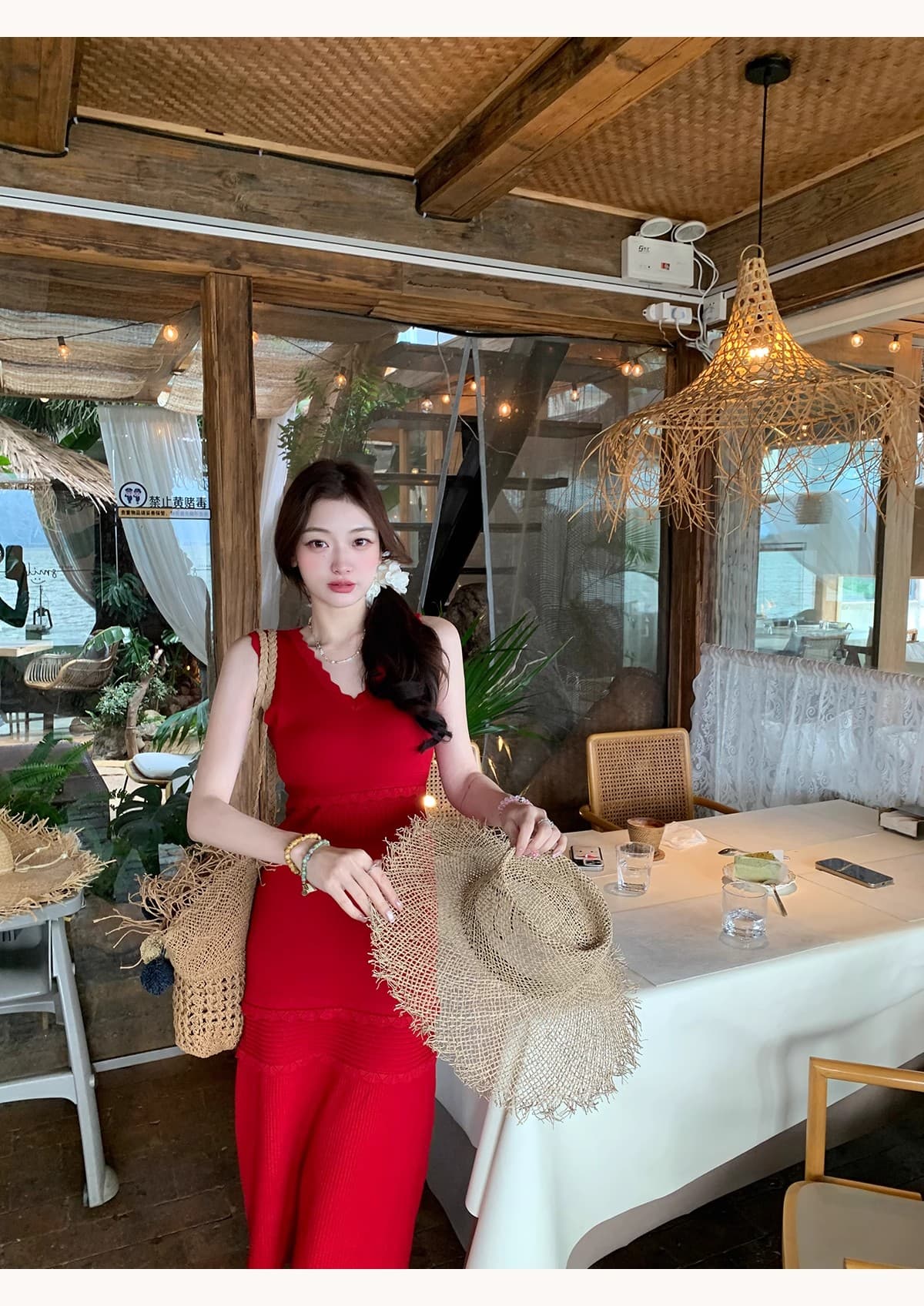 프랑스식 우아함 품격 레이스 V넥 민소매 니트 여성 드레스 여름 새로운 패션 미니멀리즘 허리 수축 롱 스커트 상세 이미지 5