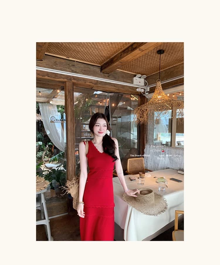 프랑스식 우아함 품격 레이스 V넥 민소매 니트 여성 드레스 여름 새로운 패션 미니멀리즘 허리 수축 롱 스커트 상세 이미지 7