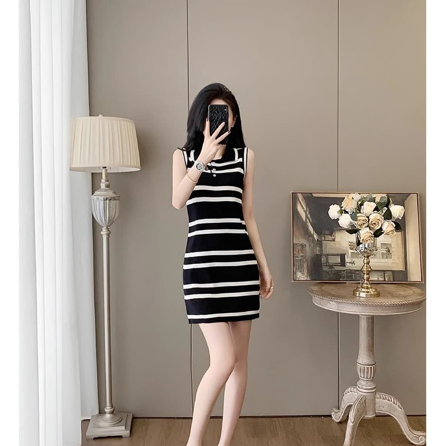 캐주얼 작은 키 여름 프랑스식 절묘한 여성 의류 POLO 칼라 민소매 스트라이프 드레스 루즈핏 외출용 스트레이트 치마 이미지 5